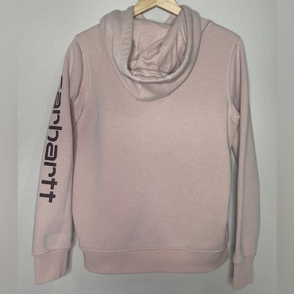 Carhartt Relaxed Fit Midweight Logo Sleeve Hoodie in Dusty Rose Pink Size Small - Picture 3 of 8